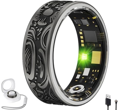 Smart Fitness Ring Tracker with Heart Rate, Sleep Monitor, Blood Pressure Oxygen Step Counter IP68 Waterproof, Bluetooth for iOS Android, Calories Pedometer USB Rechargeable Retro Design for Men Women