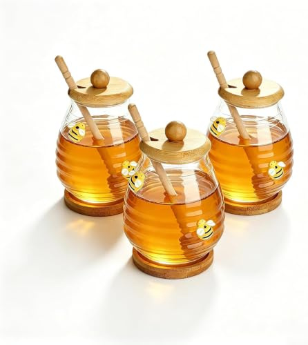 BestYiJo Honey Jar with Dipper and Lid,Wood Tray, Glass Honey Dispenser Honey Jar for Home Kitchen-300ml Glass Honey Pot (3 Pcs)