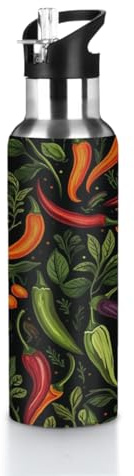 Mexpekil Colorful Hot Chili Stainless Steel Water Bottle with Straw 20oz Insulated Drink Flask Leakproof Gym Water Bottle for Adult Women Men 600ml