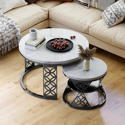 MODENVIE Couchtisch 2er Set Satztisch Weiss Schwarz Wohnzimmertisch | Tisch mit MDF Desktop Stabiler Beistelltisch Moderner Sofatisch fuer Schlafzimmer Balkon Wohnzimmer Rund