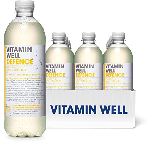 Vitamin Well Vitamin Wasser mit geschmack - Vitamin C, Vitamin D, Zink - funktionelles und kalorienarmes Getränk, angereichert mit funktionellen Inhaltsstoffen - 12 x 500ml inkl. Pfand (Defence)