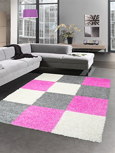 CARPETIA Shaggy Teppich Hochflor Langflor Bettvorleger Wohnzimmer Teppich Läufer Karo pink rosa grau Creme Größe 160x230 cm