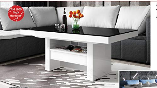 HLU-111 Couchtisch Schwarz Hochglanz / Weiß Hochglanz ausziehbar höhenverstellbar 120/170cm Schublade modern Wohnzimmertisch Esstisch Beistelltisch Sofatisch platzsparend hochwertig Wohnzimmer