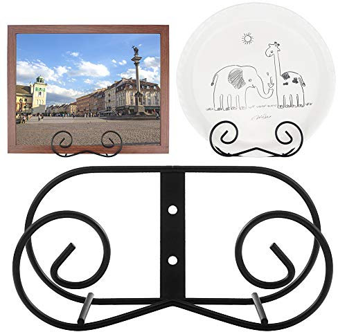 (2 Piece) Black Metal Wall Mount Display Easel Horizontal Plate Rack Plate Hanger Vertical Plate Stand Holders Picture Frame Stand for Wall-Large