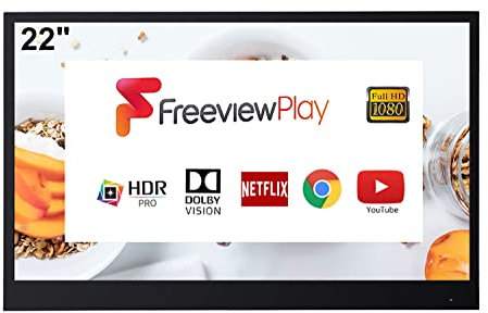 Soulaca TV Noire Intelligente 22 Pouces pour Salle de Bain, 1080P IP65 étanche avec Wi-FI, Bluetooth, Android 9.0, B22 modèle 2024
