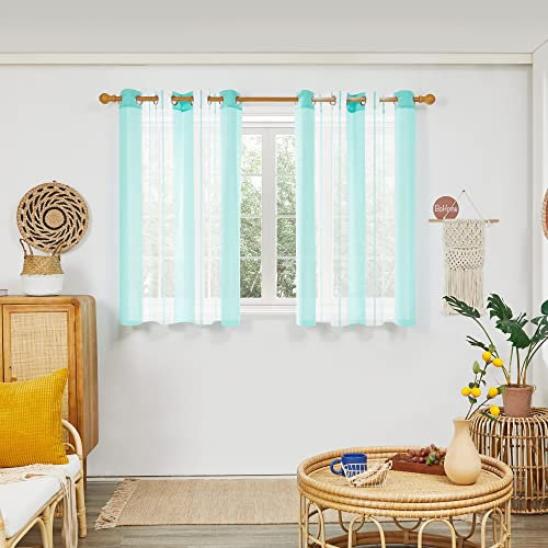 Deconovo Voile Gardinen in Leinenoptik, Ösenschal Transparent Nadelstreifen, Stores Vorhang Durchsichtig Schlafzimmer, 138x140 cm(HöhexBreite), Blaugrün, 2er Set