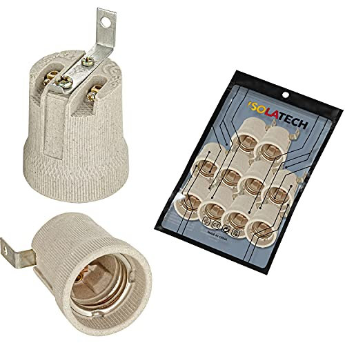 ISOLATECH 10Stk E27 grau Keramik Fassung mit Befestigungswinkel/Außenbügel (max.250V/4A) Leuchtmittel für Home Decke Installation Badezimmer Küche Kühlschrank Sockel Halterung einbauen