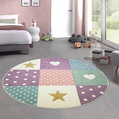 CARPETIA Kinderteppich Rund Sterne Herzen Punkte Creme Rosa Blau Ø 120 cm | Pflegeleicht, strapazierfähig, farbecht und allergikergeeignet, OEKO-TEX geprüft, schadstofffrei, für Fußbodenheizung