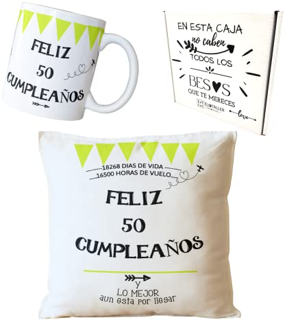 ETKR - Regalo Cumpleaños Mujer - 50 Cumpleaños - Regalo Hombre Original - 50 Años - Regalos Originales Hombre - Regalos Cumpleaños Mujer - Tazas Originales para Regalar + Cojín con relleno