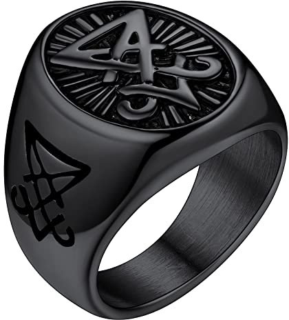 FaithHeart Schwarz herren männer Fingerring Punk Retro Siegelring Satanic Luzifer Partnerring Freundschaftsring für Paar Pärchen