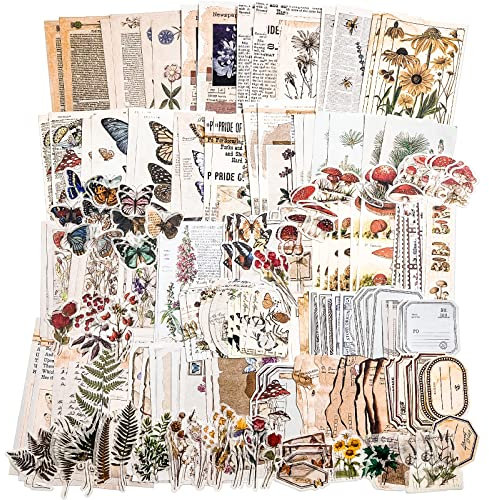 Vintage Scrapbook, 200 Stück Vintage Natur Aufkleber, Ästhetische Aufkleber Selbstklebend Journaling Natürliche Blume Pflanze Pilz Aufkleber Retro DIY Briefmarke DIY Dekoration Bilderrahmen