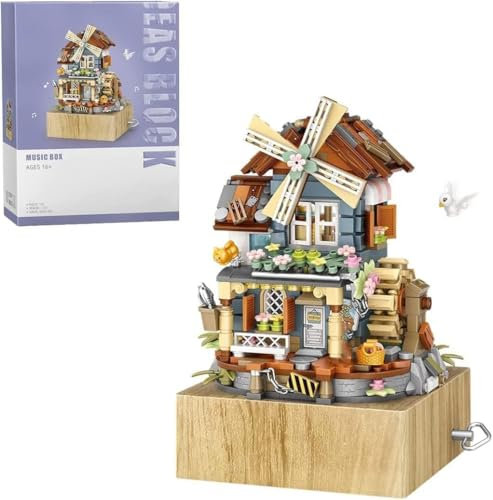 799pcs Street View Windmill Music Box Bricks Model Building Set, Street View Modular Building Kits, DIY Architecture Construction Toy, Building Blocks for Kids and Adults