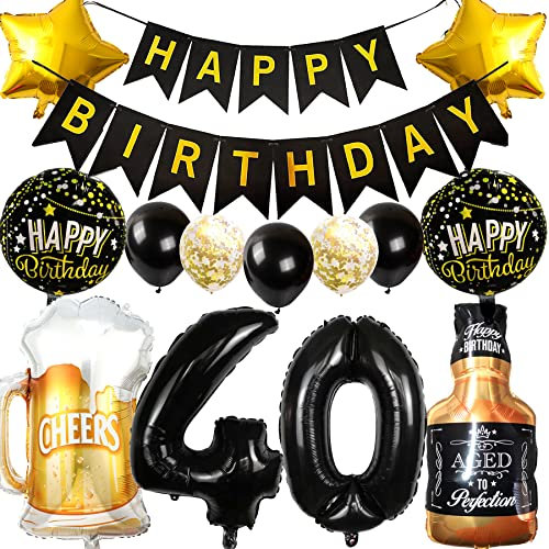 Ouceanwin Decoración Cumpleaños 40 años Hombre Mujer, Globos 40 Cumpleaños Oro Negro, Foil Whisky Cerveza Vaso Globo de Vino Botella de Cerveza para Decoracione 40 Fiesta Cumpleaños Hombres Mujer