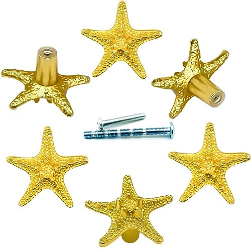 YOUYOUULU Schubladenknöpfe mit Sternen, robust, Pentagramm, goldfarben, einzigartig, Metall, Seestern, Schrank, Möbel, Dekor, 6 Stück