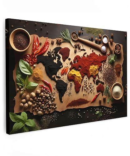 MuchoWow© Wandbilder Schlafzimmer Home Deko Wohnung Bild Wohnzimmer | 60x40 cm - Fotoleinwand Wand Bilder Leinwand Wall Decor Wanddeko Kräuter - Gewürze - Weltkarte - Braun - Löffel - Küche