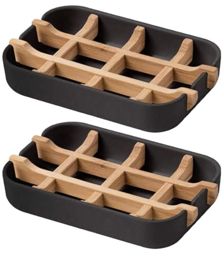 Wilitto 1/2 pièces Porte-Savon en Bambou, Barre de Drainage Auto-drainante, Porte-Savon carré avec égouttoir en Bois Amovible pour Douche, Salle de Bain, évier de Cuisine Noir 2pcs