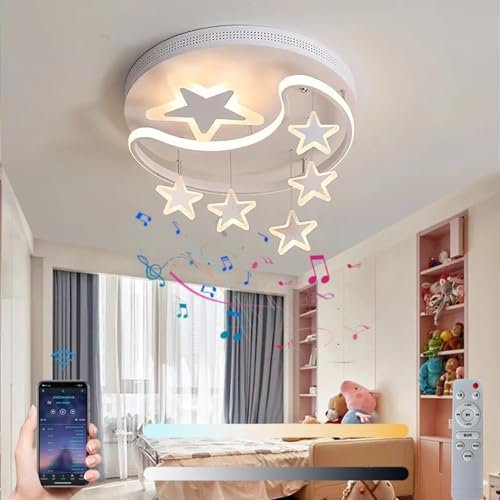 LED Deckenleuchte Mit Bluetooth Lautsprecher Kinder Dimmbar Deckenlampe mit Fernbedienung Modern Sterne Pendelleuchte Junge Mädchen Schlafzimmer Deckenbeleuchtung für Babyzimmer Kindergarten 42cm