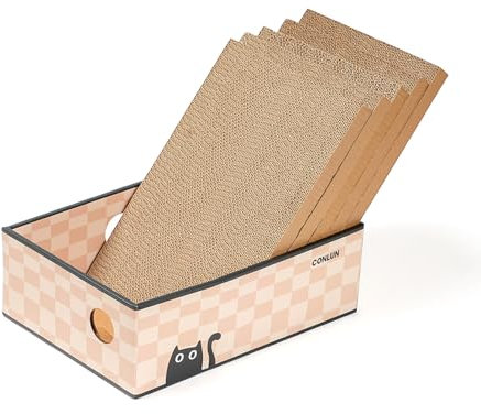 Conlun 5 Unidades Rascador para Gatos con Caja, Rascador Gato Reversible Doble Cara, Agujeros Interactivos, Diseño Antisuciedad, Protector de Muebles (Mediano, Ajedrez)