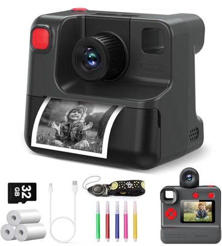 Macchina Fotografica Bambini Istantanea,1080P HD Fotocamera Istantanea Bambini con 32GB Scheda SD & 5 Penne Colorat, Fotocamera Digitali per Bambino,Regalo per 3 ai 10 Anni (black)