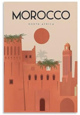 Marokko City Vintage-Reiseposter, dekoratives Gemälde, Leinwand, Wandkunst, Wohnzimmer, Poster, Schlafzimmer, Gemälde, 40 x 60 cm