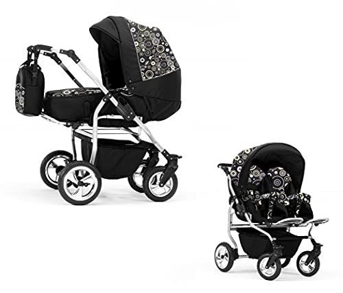 Elcar Zwillingskinderwagen 2 in 1 Duo Twin inkl. Sportsitze - 11 Teile - Schwarz-gelbes Dekor