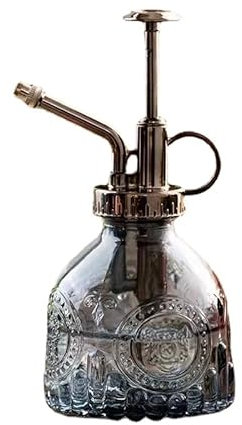 GERRIT Botella rociadora de agua para plantas, 6.3 pulgadas de alto, estilo vintage con bomba superior de plástico de bronce, regadera de vidrio con una mano para plantas en maceta de interior,