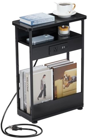 YEAKOO Narrow Side Table With Charging Station, 3 Tier End Table with 2 USB Ports & Power Outlets,Slim Sofa Side Table for Narrow and Small Spaces, Bedside Table Nightstand for Living Room,Black