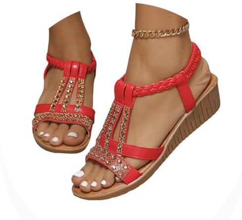 Onsoyours Sandale Femme Compensees Été Mode Élégance Mules Sandales Bout Ouvert Rome Strass Bride Cheville Chaussures pour Plage Vacances B Rouge 37 EU