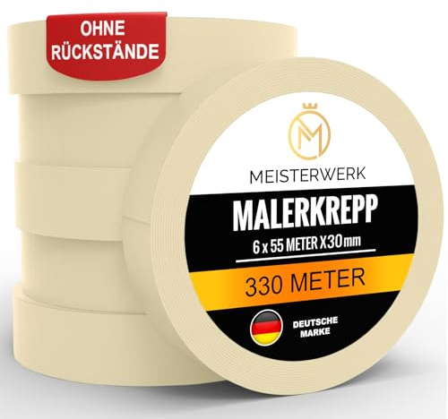 MEISTERWERK Malerkrepp für Malerarbeiten - (OHNE RÜCKSTÄNDE) - 330 Meter Kreppband (30mm Breite) - Rutschfestes Abklebeband für sauberes Renovieren, Streichen & Lackieren