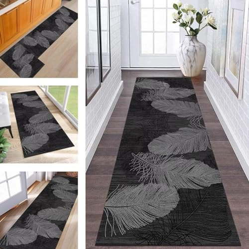 ZESEWU Teppich Läufer Flur Küche Waschbar rutschfest Korridor Teppichmatten 90X250CM Schwarz Grau Abstrakt Küchenteppich Flurteppich Schlafzimmer Esszimmer Polyester Teppichläufer Meterware Anpassbar