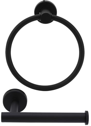 YUNYODA 2PCS/Set Stainless Steel Towel Ring and Toilet Paper Shelf, Hand Towel Holder Bathroom Accessories Set, Wall Mount Hanging Towel Rack Toilet Roll Holder for Kitchen Bath, Black