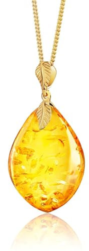 Amber by Mazukna - Cognac-Farbe Bernstein Anhänger, Halskette mit Naturbernstein Tropfenanhänger in Cognac-Farbe, Vergoldetes Sterlingsilber ag925, 55cm Lange Kette Bernstein Schmuck für Damen