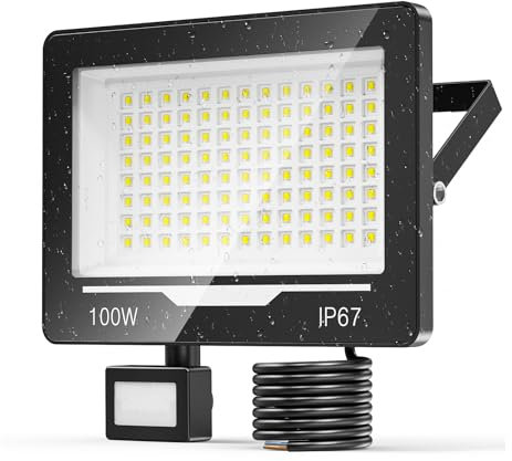 TOPAUBUB Projecteur LED Extérieur avec Détecteur 100W 1 Pièce, 10000LM 6500K Spot LED Extérieur Detecteur de Mouvement, IP67 Luminaire Exterieur Detecteur de Mouvement Jardin