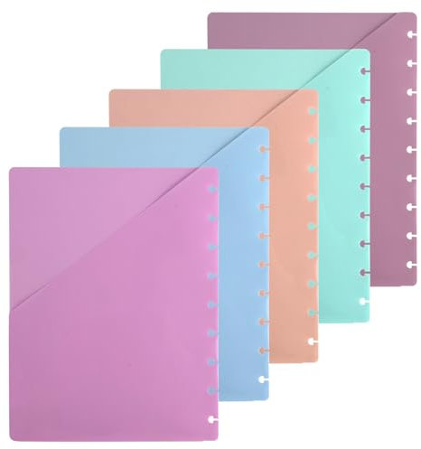5 Stück Discbound-Teiler mit Tasche, 23,8x18cm Mehrfarbig Planerteiler 9-Disc Notizbuch-Bindereinlagen Plastik-Registerteiler für Ordner Büro Schule