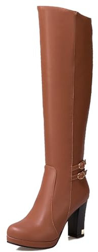 Stivali Alti Al Ginocchio da Donna con Tacco Largo con Plateau Tacco Alto Stivali Punta Rotonda Zip Stivali da Vestito, Q180359Ol Marrone Numero 41 EU/43Cn