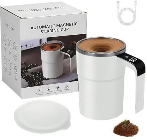 Tencipeda Automatic Self Stirring Coffee Mug with Digital Display, Electric Stirring Mug for Coffee, Milk, Cocoa, Rechargeable Stirring Mug for Home, Office, School Use (White)