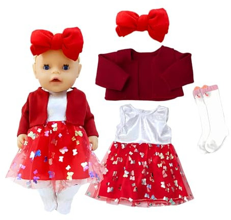 Zonoori 4-teiliges Puppenkleidung Set für 35-43 cm Puppen – Rote Mantelkleider, Socken & Stirnband – Perfektes Zubehör für 14-18 Zoll Puppen