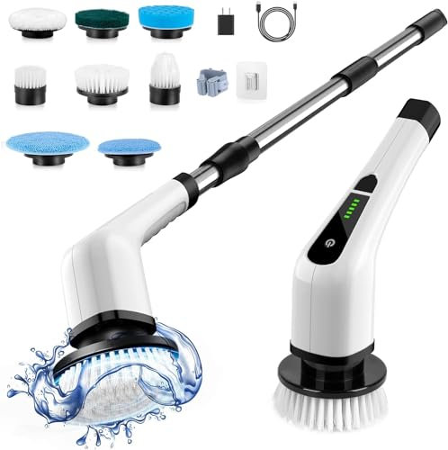 SyncTech Brosse à récurer électrique rotative sans fil avec poignée extensible de 1,5 m de hauteur, brosse de nettoyage électrique, moteur puissant 420 tr/min pour nettoyage de salle de bain, sol,