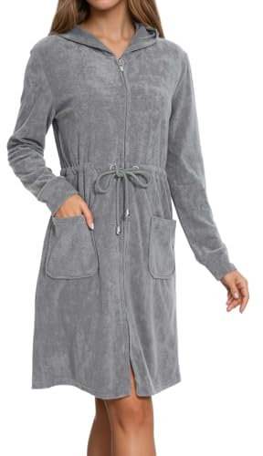 Zinnora Leichter Kurz Bademantel Damen Hausmantel Weiches Frottee Mit Kapuze Und Zipper M Steingrau Ideal für Sauna und Zuhause