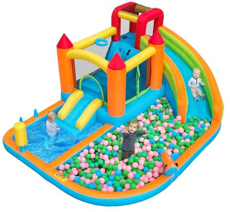 [Château Gonflable extérieur Multifonctionnel] avec souffleur, Toboggan Aquatique + Trampoline + Panier de Basket + Pistolet à Eau, 2 Zones de Piscine, 1 Grand et 1 Petit Toboggan
