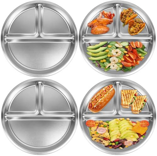 Lot De 4 Assiettes À Dîner En Acier Inoxydable Plateau De Contrôle Des Portions Avec 3 Compartiments Plateau Alimentaire Divisé Pour École, Maternelle (4 pièces)