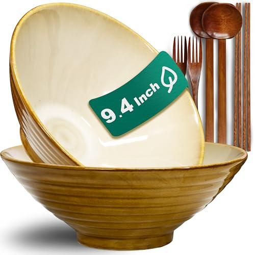9.4 Zoll 2 Set Keramik Ramen Schüssel(8 Teilig) - Japanisches Porzellan Spülmaschinenfest Geschirr mit Gabel Essstäbchen Löffel für Nudeln Suppen Getreide Salate Mann Frau Geschenke für neuen Häusern