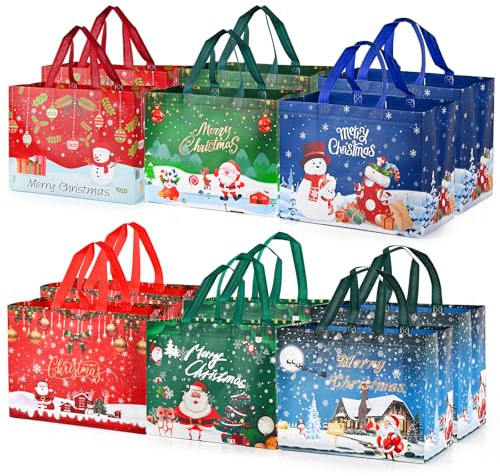 HAMOHTE Geschenktüten Weihnachten, 12 Stück Groß Wiederverwendbare Weihnachtstüten mit Griffen, 32×17×25cm Non Woven Weihnachtstasche Weihnachts Geschenktasche, Weihnachtsgeschenktüten für Xmas