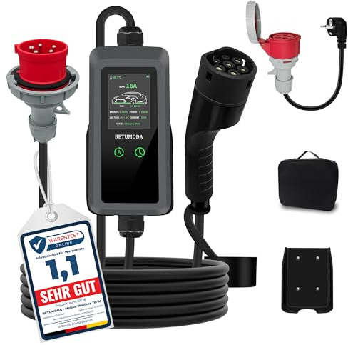 BETUMODA Mobile Wallbox 11kW Typ 2 Ladekabel mit Einstellbarer Ladeleistung [7m | 3-phasig | 8-16A IP67], CEE 16A, EV Ladegerät für Model Y/3 ID.3/4/5 MG4 EX30 e-up