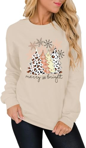 INFITTY Women's Christmas Tops Sweatshirts Long Sleeve Christmas Tree Printed Top Pullover Xmas Jumper Apricot XL