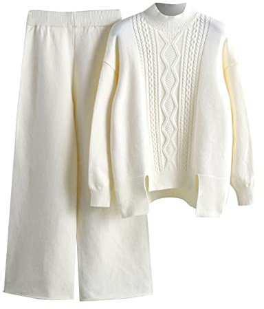MJGkhiy Tuta Maglia Donna Completa Elegante Due Pezzi Lavorati Maglione Con Pantalone Largo Tute In Maglioni Invernale Moda Set Coordinato Morbida Inverno Completi Lana Autunno Loungewear