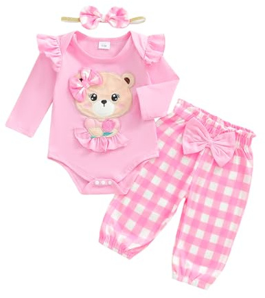PanLidapan Baby Girls Fall Outfit Newborn Girl 3Pcs Clothes Set Bear Embroidery Romper Dot Print Pants Bow Headband Cute Spring Tracksuit Clothing