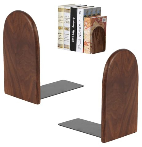 1 Pair Book Ends, Non-Slip Bookends, Wood-Handmade Heavy Duty Book-Ends for Shelves, Nature Walnut-Wood-Books-Stand Bookends for Shelves Home Office and Library
