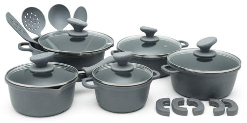 Cecaro Group – Batteria in Pietra Lavica 21 Pezzi Completa di Coperchi, Manici e Accessori - Grigia