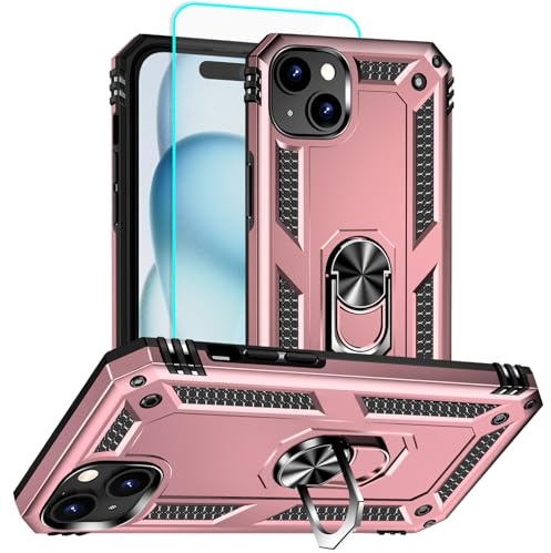 Aozuoton for iPhone 15 Case with Screen Protector, 360°Military Grade Rotatable Kickstand (Heavy Duty) Shockproof Protective - Case for iPhone 15 Rose Gold